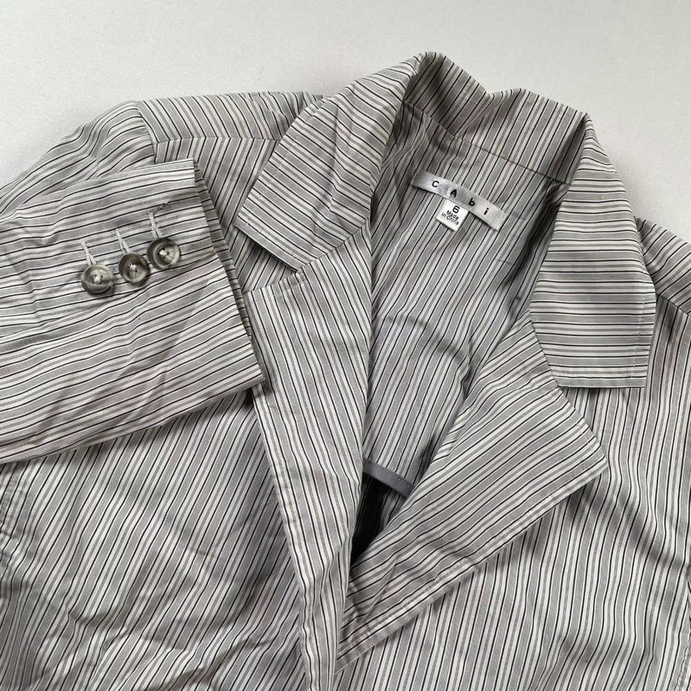 Cabi Pinstripe Boyfriend Blazer Womens 6 Black White Single Button Cotton Blend
